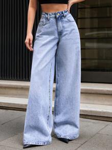 RueChic PANTALONI DONNA A VITA BASSA E GAMBA LARGA CON LAVAGGIO VINTAGE IN BLU CHIARO