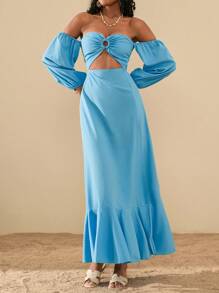 Travachic 女士度假纯色露肩灯笼袖侧开衩下摆性感连衣裙