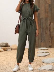 SHEIN PETITE Mono estilo vacaciones primavera/verano para mujer con mangas cortas, mitad botón en puños y piernas rectas