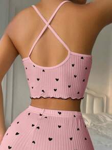 Women Heart Print Bow Decor Pajama Top