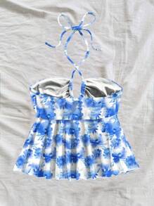 Soleia Blue Flower Print Racerback Tank Top, Fitted For Women Beach Vacation, Suitable For Summer, Boho Chic, Spring Break, Vacay Vibes - Blue and White - View 2
