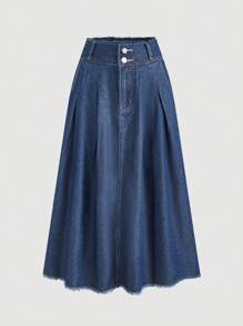 SHEIN MOD MOD 女士休闲宽松牛仔长裙，优雅女士半身裙，女士太阳裙，牛仔女郎，音乐会，狂欢节，圣帕特里克节，春假裙，伊比沙岛风格，复古风 - 深色水洗藍 - 查看 1