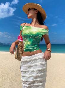 Glamine 橙色优雅印花短袖弹力针织网眼女式T恤 - 綠色 - 查看 4