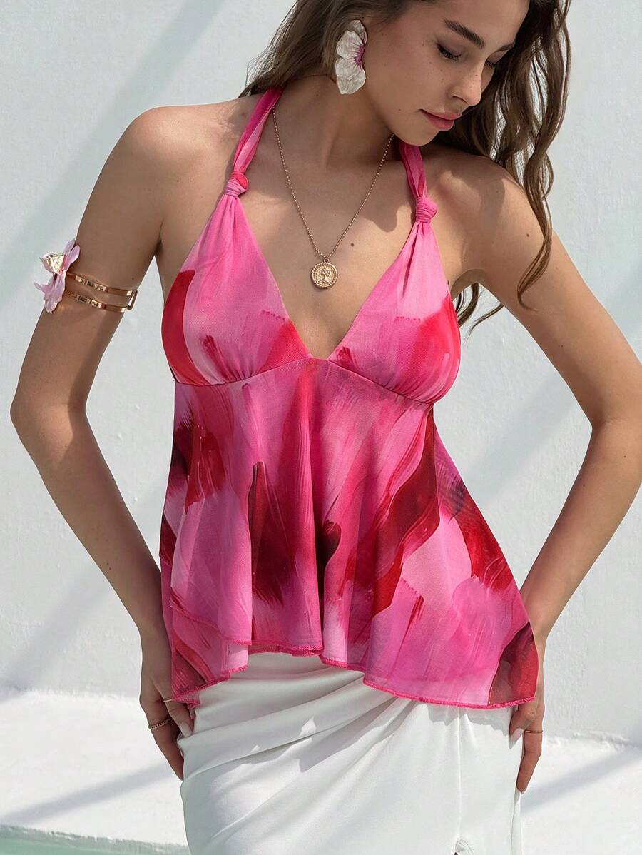 Aloruh 女士度假扎染印花荷叶边下摆性感露背上衣，夏季海滩，波西米亚风热带狂欢节乡村音乐会伊比沙岛纳什维尔西部服饰 - 粉色 - 查看 1