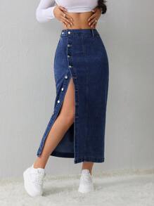 SHEIN Tall 女士牛仔裙休闲宽松侧开叉蓝色中长裙高腰女裙浅蓝色裙子蓝色裙子冬季女装 - 深色水洗藍 - 查看 7