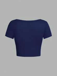 SHEIN EZwear 4件套女士休闲简约圆领/方领短袖短款基本款上衣，黑色，深蓝色，浅蓝色，白色，适合夏季 - 彩色 - 查看 11