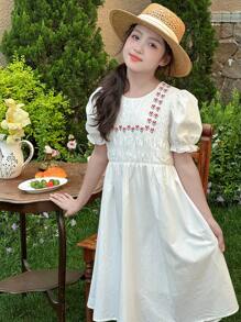 DAZY Tween Girls Round Neck Short Puff Sleeve Ruffled Casual Dress, Summer - White - View 4