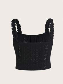 SHEIN EZwear Plus Size Vacation Style Valentine's Day Romantic Black Sheer Ruffle Trim Camisole, Fashionable & Versatile, Spring/Summer - Black - View 3
