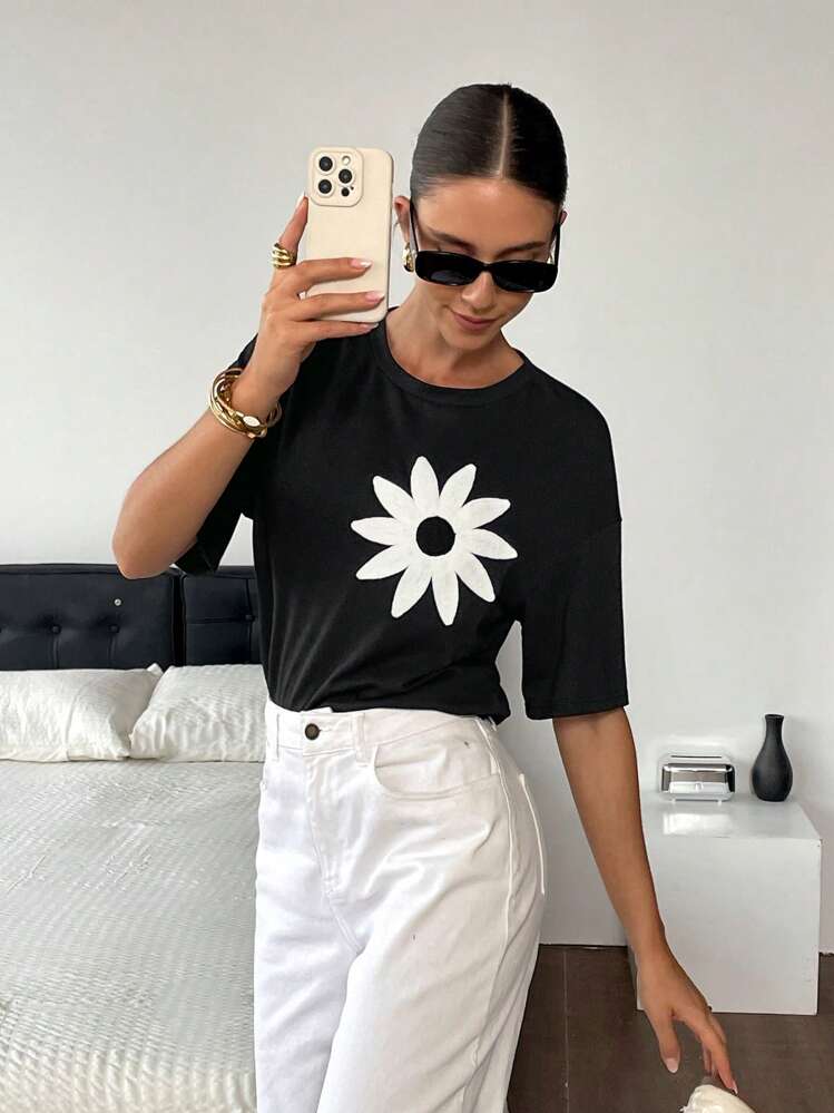 Serisse T-shirt col rond manches courtes pour femme, à la mode pour l'été - Noir - Voir 7