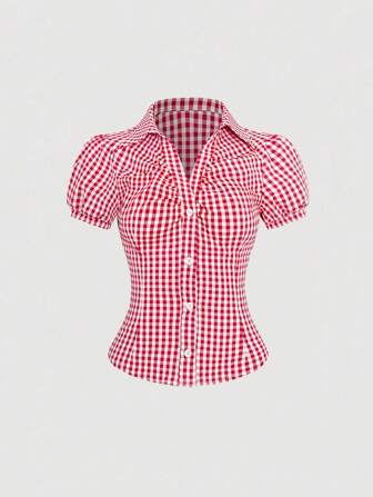 Sweetra Damen Vintage rote und weiße plissierte Kurzarm Bluse, figurschmeichelndes Design, Frühling/Sommer