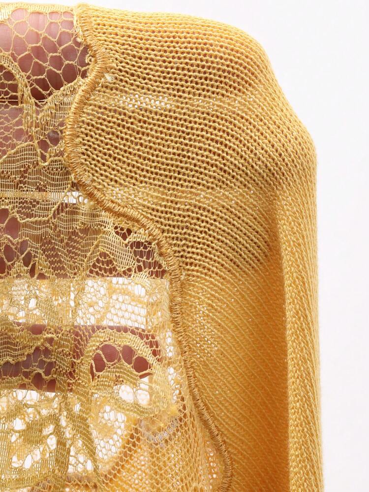 Women's Contrast Lace Loose Fit Short Sleeve Round Neck Casual Top, Summer Knitted Blouse