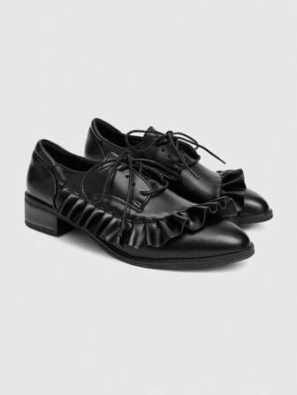 Goth Scarpe in pelle nera vintage plissettate, design elegante con lacci e tacco alto, versatili per pendolarismo e appuntamenti