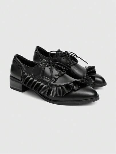 Goth Vintage Pleated Black Leather Shoes, Elegant Lace-Up Design With Chunky Heel, Versatile For Commuting And Dating