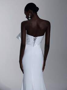 Elitara Elegant And Luxurious White Sequin Embroidery Handmade Big Bow Pearl Decoration Tube Top High Waist Slim Fishtail Beauty Trailing, Suitable For Wedding Festival Bridal Dress Formal Occasion Wedding Dress