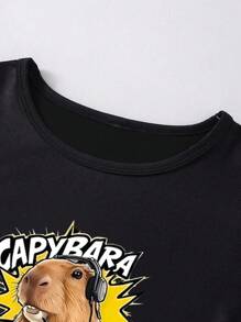 SHEIN Conjunto de pijama para niños preadolescentes: Camiseta de cuello redondo de punto negro con estampado de gamepad en toda la prenda y pantalones cortos sueltos con estampado de controlador de juegos en toda la prenda, cómodo y transpirable para el verano - Negro - Ver 4