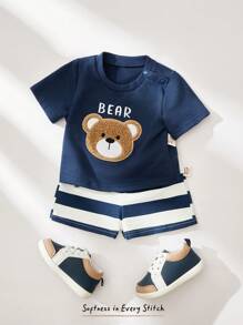 Cozy Pixies Conjunto de 2 piezas para bebé recién nacido niño/niña: Top de cuello redondo de manga corta con diseño de oso tejido suave y pantalones cortos de cintura elástica