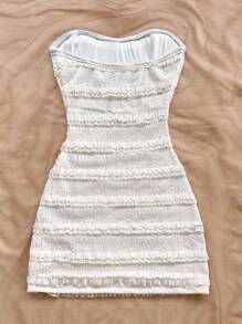 Soleia 女士蕾丝荷叶边抹胸紧身连衣裙，适合度假、约会、下午茶、海边、沙滩、游轮 - 杏色 - 查看 2