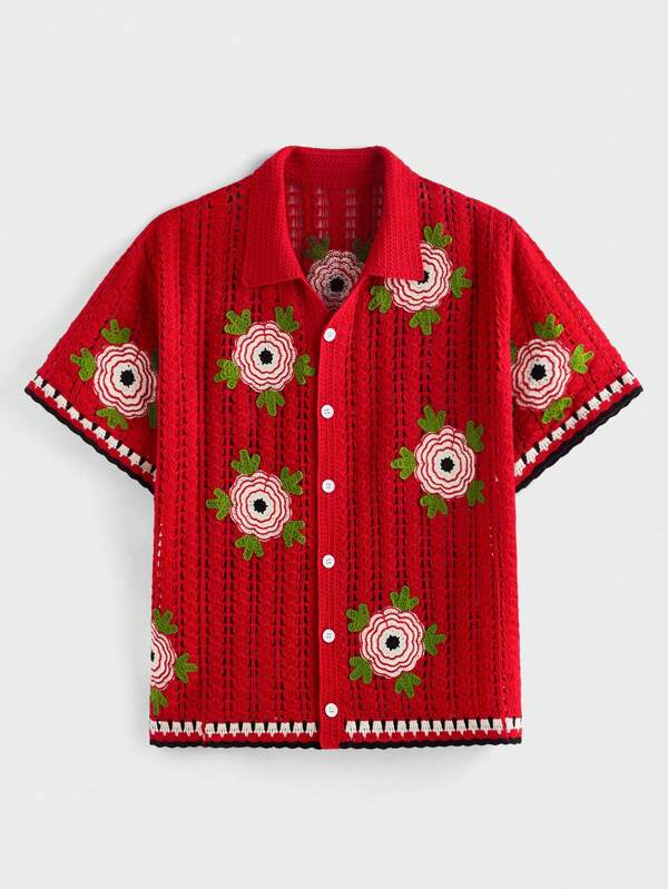 EASEVO Herren Große Größen Lässig Floral Hohlstrick Kurzarm Rot Strickjacke Herbst Pullover