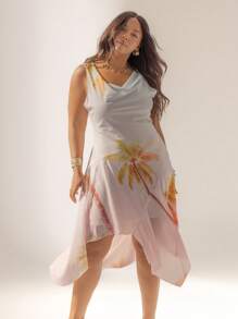 Aralina Curve Printed Cowl Neck Asymmetrical Hem Beach Vacation Outfits Women Maxi Dress - Multicolor - View 13