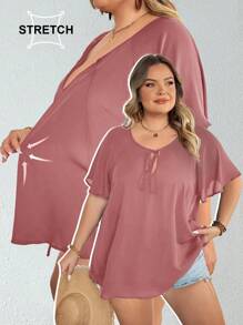 SHEIN CURVE+ Plus Size Women's Elegant Black Tie Collar Raglan Short Sleeve Loose Blousebeach Outfits For Woman/Beach Dress/Beach Vacation Outfits/Beach Essentials / Graduation/Tea Party Dresssummer/Country/Beach Vacation Outfits/Beach Outfits/Beach Wear