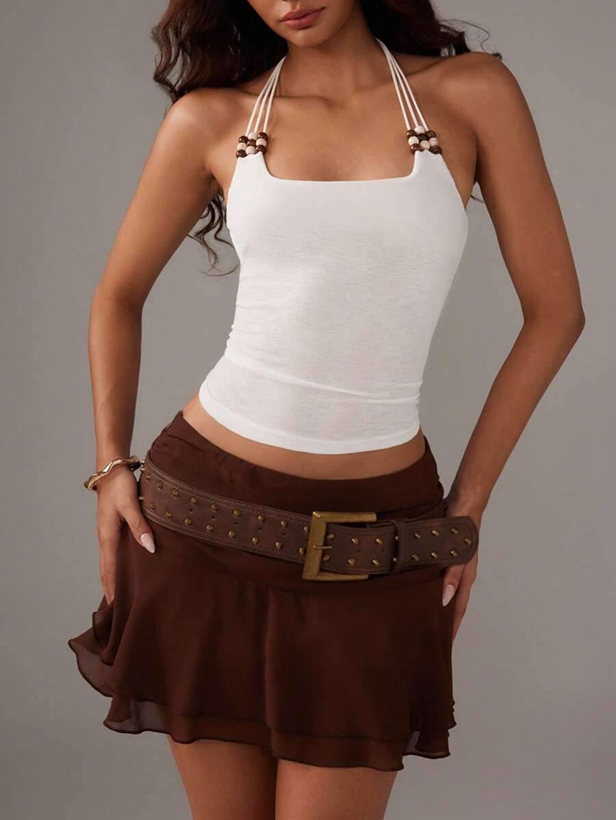 TRNVIE 时尚绿色串珠吊带上衣，充满夏日度假风情 - 白色 - 查看 1