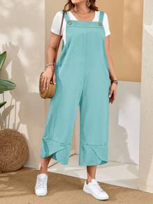 EMERY ROSE 春季大码女式红色工装裤，可调节肩带，纽扣开合，裤腿开叉处有口袋 - 薄荷藍 - 查看 5