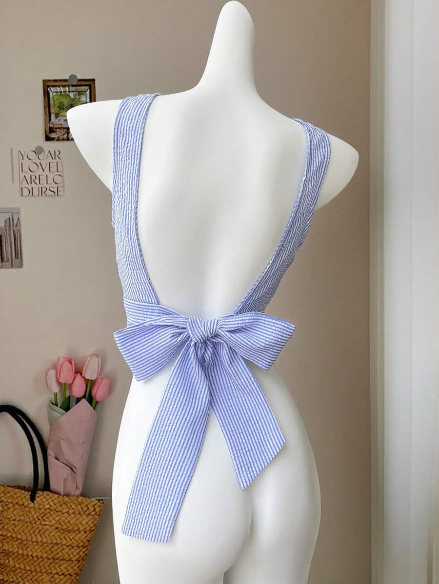 Comfortcana 女式休闲度假条纹露背吊带背心，夏季 - 藍白色 - 查看 1