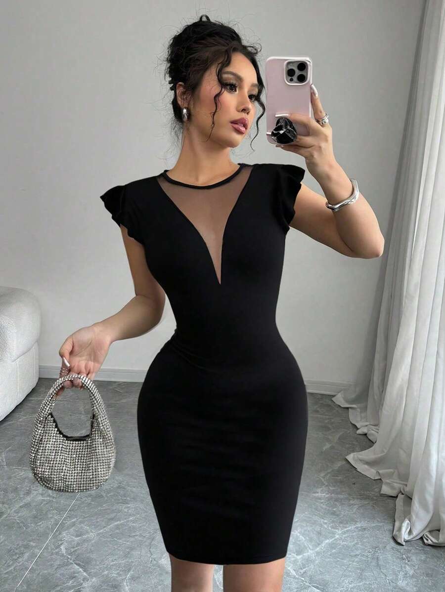 SHEIN Tall 女式纯色黑色撞色网眼盖袖性感迷你连衣裙 - 黑色 - 查看 1