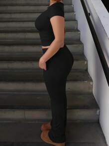 女式纯色圆领短袖 T 恤和裤子两件套休闲套装 - 黑色 - 查看 3