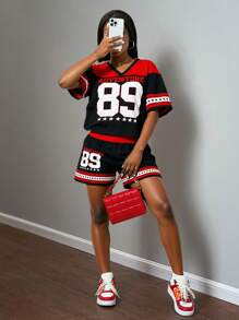 Slaydiva 2pcs/Set 2025 Spring & Summer Casual Jersey Outfit, Racer Suit, Adventure, Number 89 Graphic Print Women Two Pieces Set - Multicolor - View 1