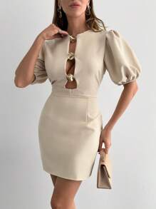 EURMUSE Robe courte en or massif avec accessoires détaillés pour femme - Beige - Voir 4