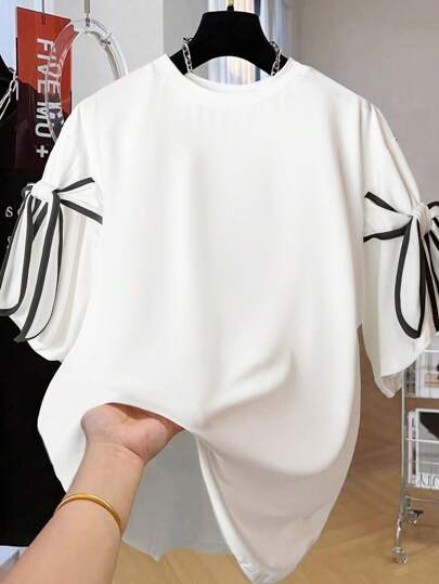 Calvaya 大码女式拼色条纹大码蝴蝶结装饰休闲T恤，适合日常通勤、休闲、运动