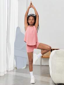SHEIN 青少年女孩针织镂空背心和修身短裤两件套运动套装 - 淺粉色 - 查看 2