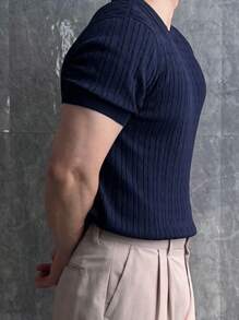 DAZY Jersey de punto de cuello redondo con textura de tela lisa en azul marino para hombre, verano