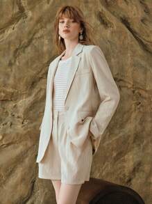 SHEIN Women's Linen Solid Color Lapel Long Sleeve Casual Blazer Jacket, Suitable For Commuting And Outdoor, Spring/Summer - Apricot - View 8