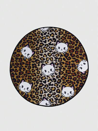Grunge Punk Chic Leopard Print Cat Round Rug With Black Edging, Suitable For Bedroom, Living Room, Bathroom, Dining Room