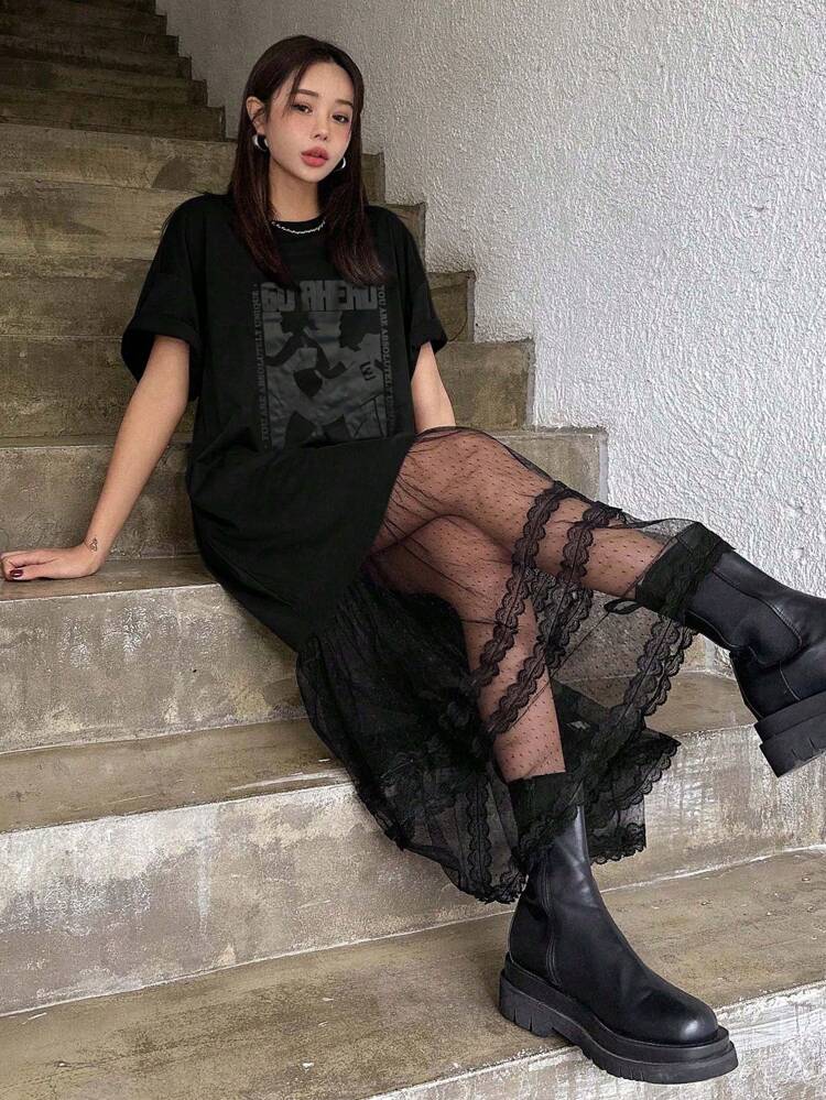 Solid Color Round Neck Mesh Splicing See-Through Short Sleeve Summer Dress Sundress Sheer, Casual Women Dress