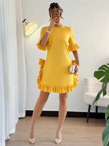 SHEIN Clasi Casual Unique Pleated Women Short Sleeve Dress - Yellow - View 4