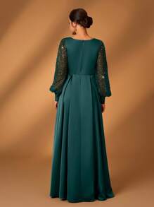 Serin Women's Teal Winter Formal Elegant Bridesmaid Evening Formal Sequins & Satin Patchwork Lantern Sleeve Wrap V Neck Ruched A-Line Hem Dress For Wedding - Dark Green - View 3