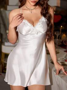 SilkySpell Women Sexy Satin Floral Embroidered Cami Nightgown With Belted Robe 2 Pieces Pajama Set, All Season, Fall Winter Clothes - White - View 5