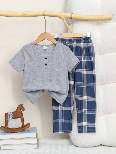 Back To School Fashion 2pcs Toddler Boys' Simple Casual Gray Round Neck Short Sleeve Top And Blue Plaid Pants Loungewear Set, Summer Boy Clothes For Kids Young Boys Sets