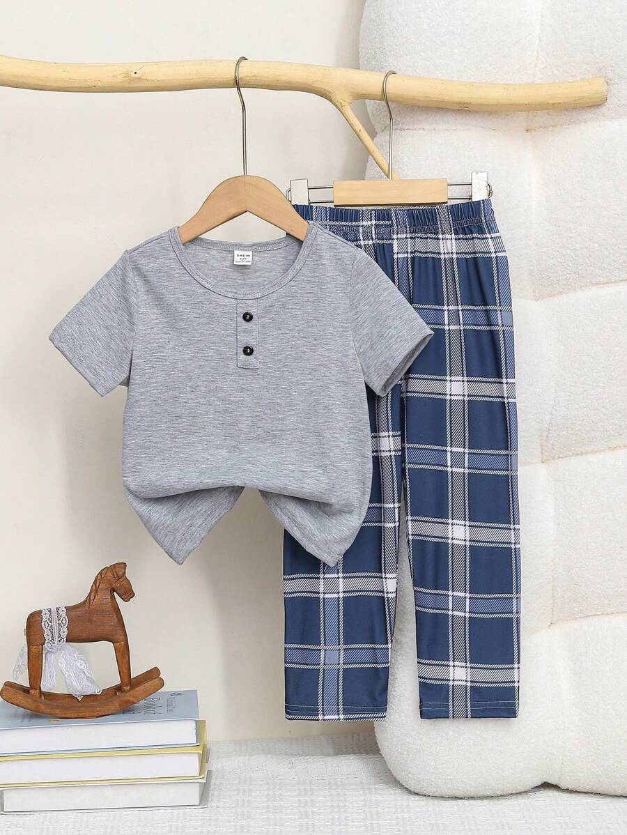 2 Piece Toddler Boys' Simple Casual Gray Round Neck Short Sleeve Top And Blue Plaid Pants Loungewear Set,Summer,Family Matching Back To School Fashion - Blue - View 1
