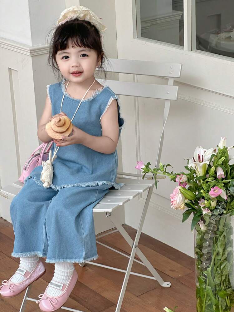 Toddler Girls' Round Neck Washed Sleeveless Shirt With Casual Wide Leg Denim Jeans