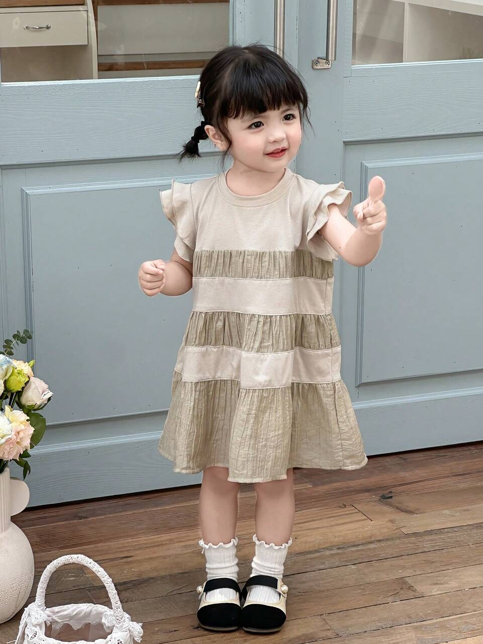Baby Girl Round Neck Nature Style Color Block Cap Sleeve Midi Dress, Summer