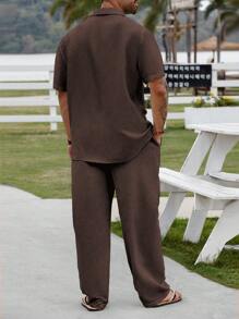 Genlund Bộ quần áo tay ngắn màu trơn một hàng khuy đơn cỡ lớn dành cho nam mùa hè, trang phục ấm áp - Cà phê nâu - Xem 2