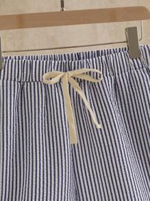 HIMLAND 男士抽绳腰条纹印花短裤及膝短裤，适合送给丈夫、男朋友的礼物 - 藍白色 - 查看 3