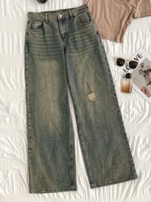 SHEIN PETITE Jeans anchos de cintura baja ajuste holgado para mujer