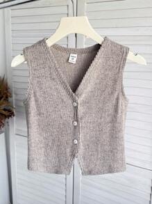 SHEIN 少女休闲纯色卡其色罗纹针织上衣 - 卡其色 - 查看 5