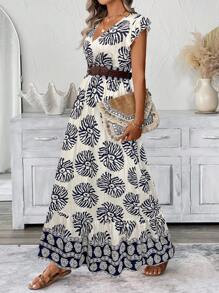 SHEIN LUNE Shirred Ruffle Trim Flutter Sleeve, Cinched Waist And Ruffle Hem Swing A-Line Maxi Dress, Casual Vacation Floral Print For Women,Bohemian Clothes - Royal Blue - View 5