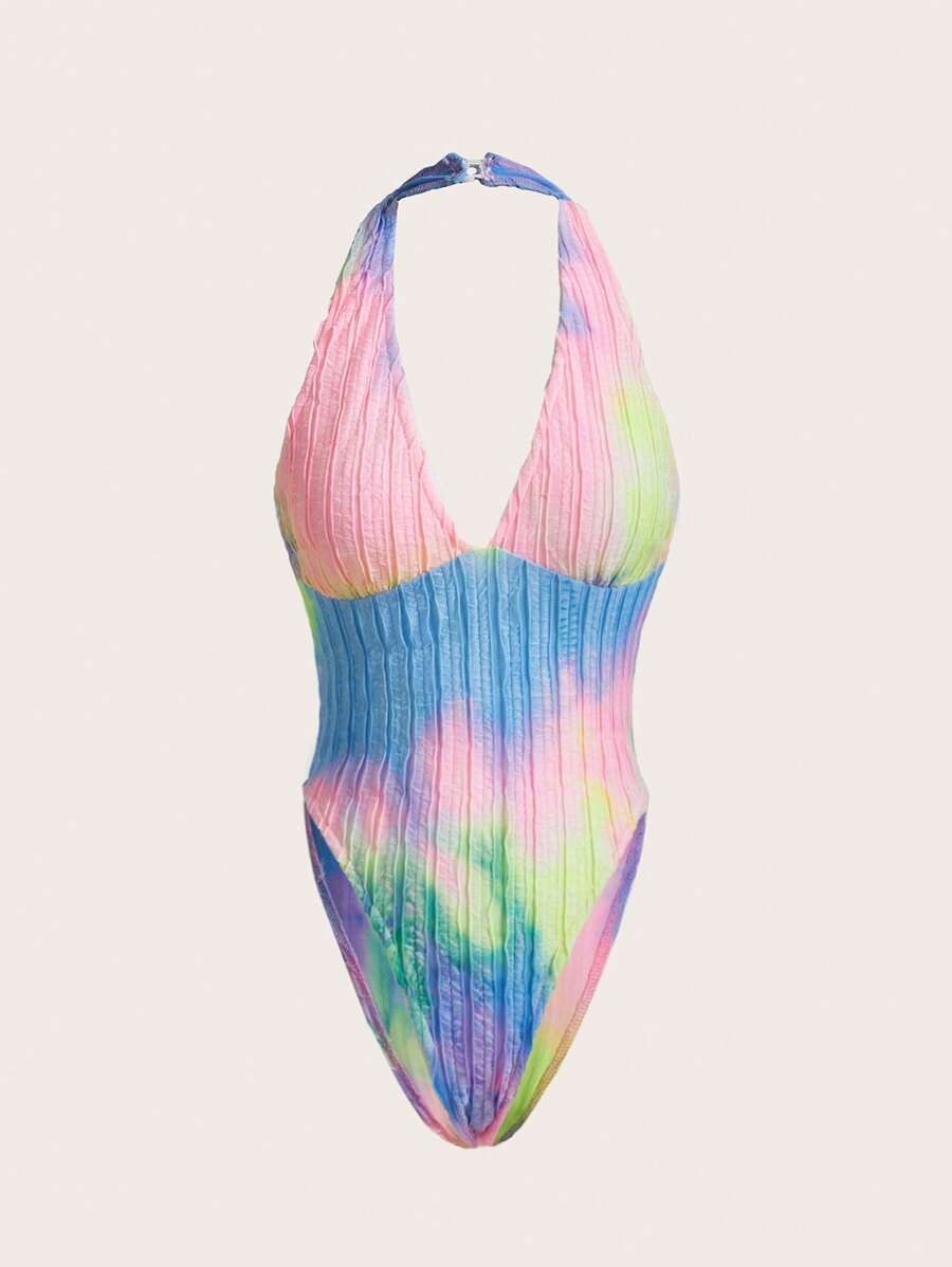 Amplova Deep V Neck Textured Tie-Dye Bodysuit - Pink - View 1